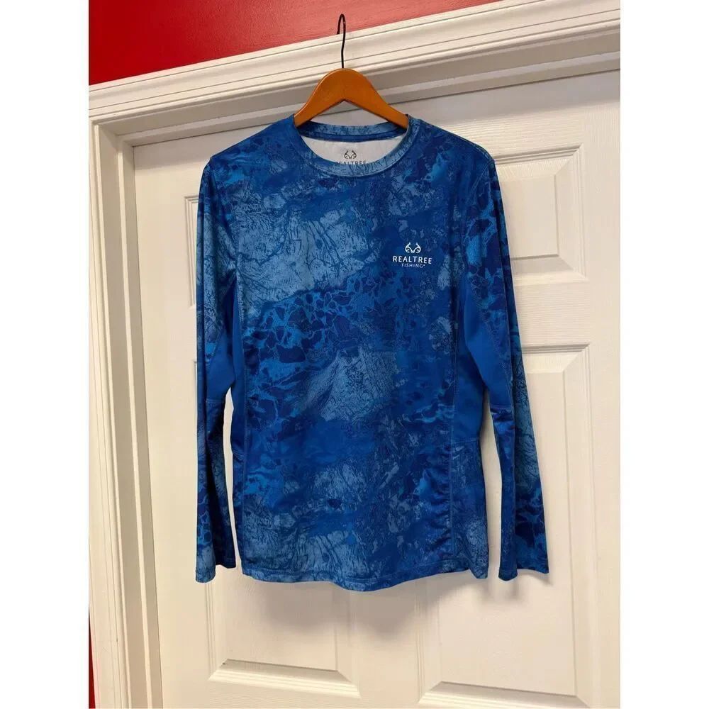 Realtree Fishing Blue Long Sleeve Wick Away Long Sleeve Shirt sz S EUC